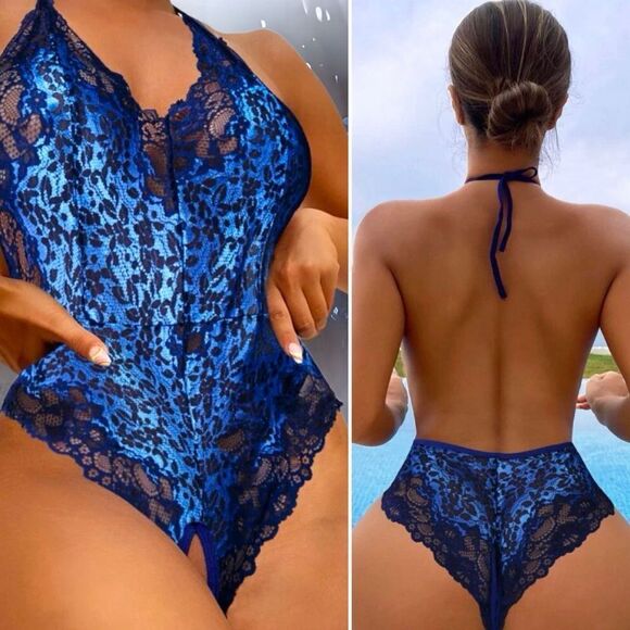 🖤💙Leopard Print Bodysuit l Blue & Black Teddy l Crotchless 🖤💙S-XL🖤💙NWOT - Picture 1 of 8